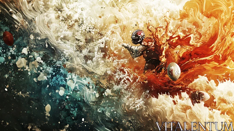 Digital football runner charges through swirling fire and water