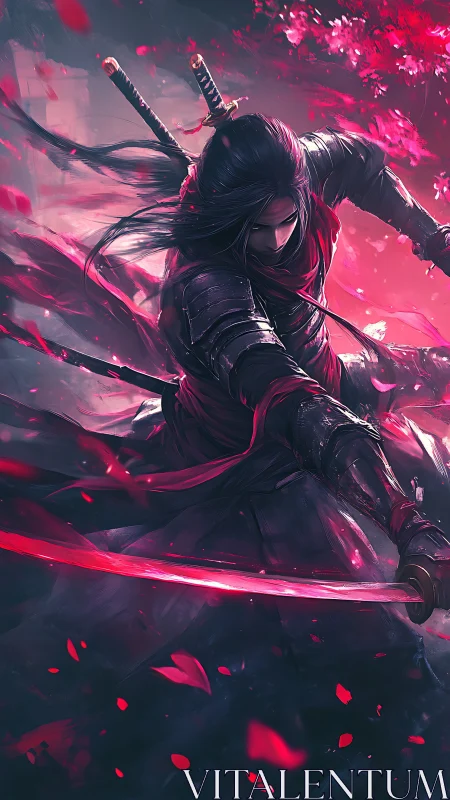 Crimson samurai warrior slashes through swirling petals