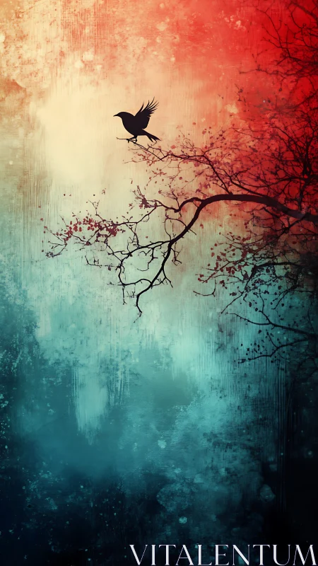 Silhouetted bird on branch against vertical gradient background