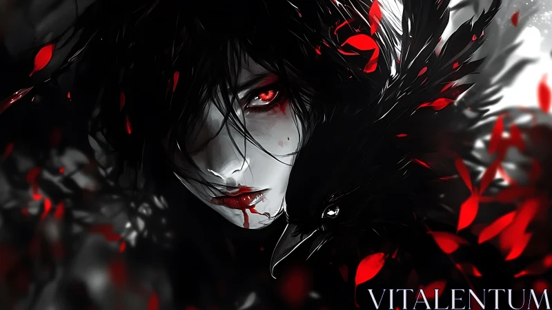 Monochrome figure with crow and red foliage elements.