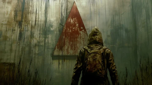 Hooded figure facing stained wall with red triangle symbol.