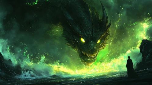 Emerald dragon emerges from toxic surf confronting lone mage.