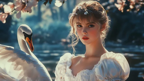 Young woman with swan near water under soft daylight.