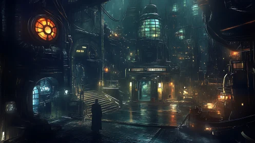 Rain soaked cyberpunk alley shows neon lit industrial towers