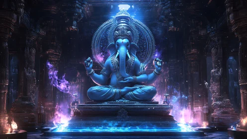 Divine elephant deity statue in glowing digital temple.