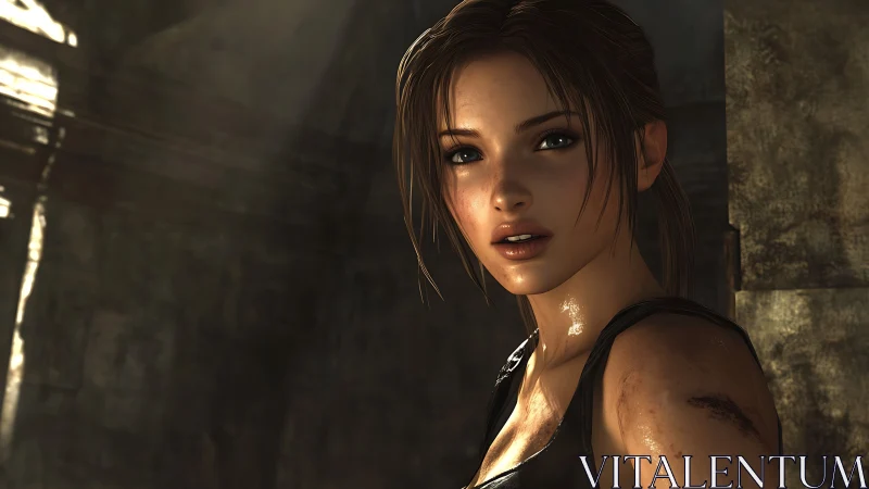 Adventurous heroine pauses in dusty, golden-lit ruins