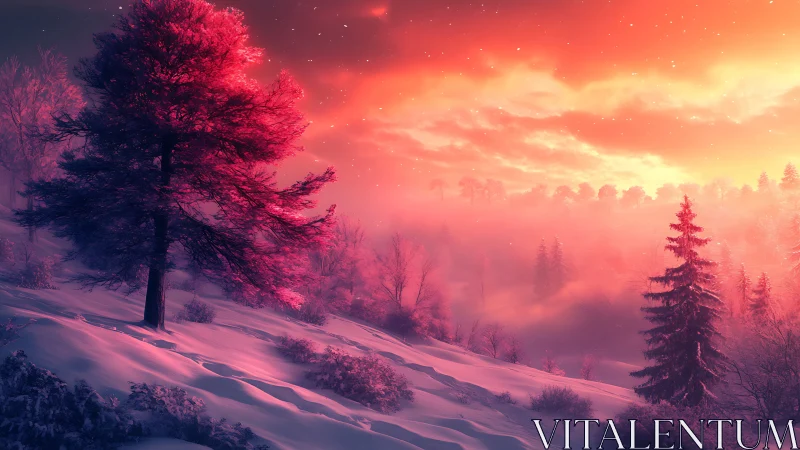 Crimson frostforest under molten sunrise sky, softly dreaming.