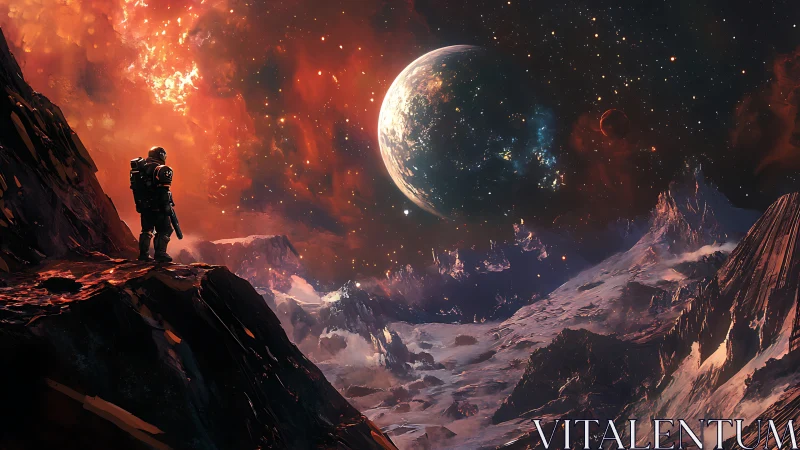 Stargazer on a crimson world beneath swirling cosmic skies.