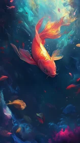 Golden koi swims through luminous teal and coral water