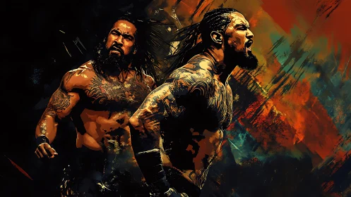 Tattooed male fighter figures in dynamic digital composition.