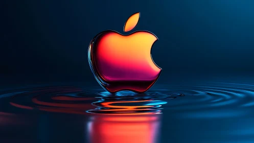 Chromatic glass apple logo floating on neon rippled water.