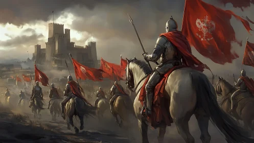 Armored cavalry advances toward fortified castle under banners