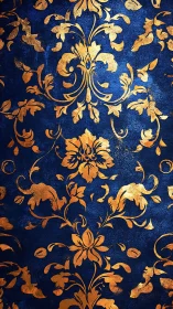 Gold damask floral pattern over deep textured blue background.