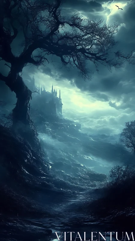 Stormlit cliffside castle glows softly beyond a shadowed path