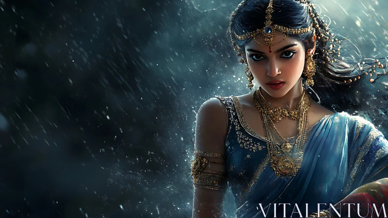 Determined warrior woman in ornate blue sari under rain.