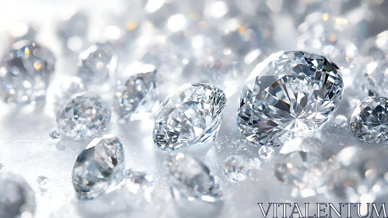 Loose cut diamonds on reflective white surface in close view.