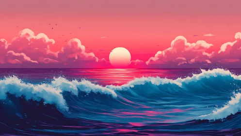 Vibrant stylized ocean waves under neon pink sunset sky.