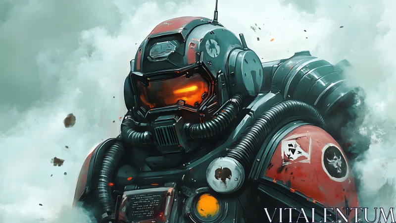 Armored sci fi soldier in red exosuit walking through smoke.