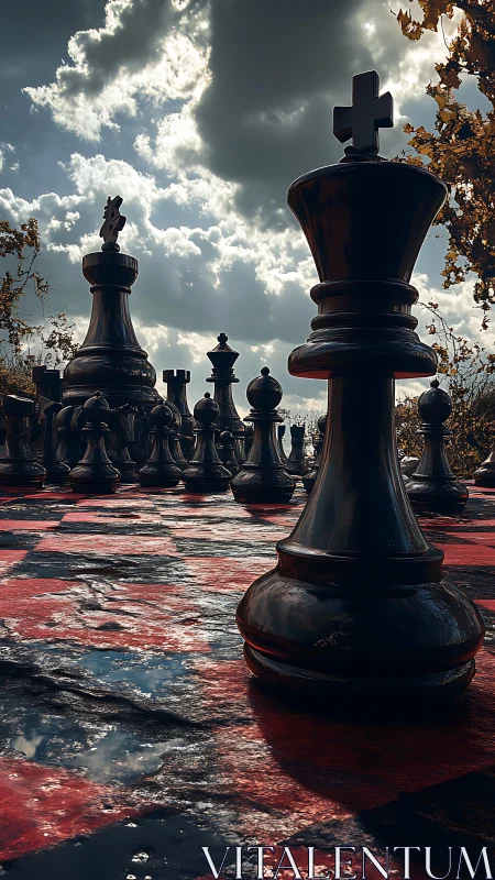 Stormlit chess kings rise over a weathered battlefield board.