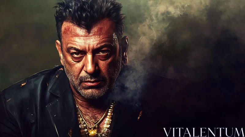 Middle-aged male portrait in smoke with dark clothing.