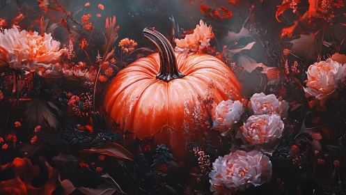 Autumn pumpkin amid glowing crimson floral fantasy garden.