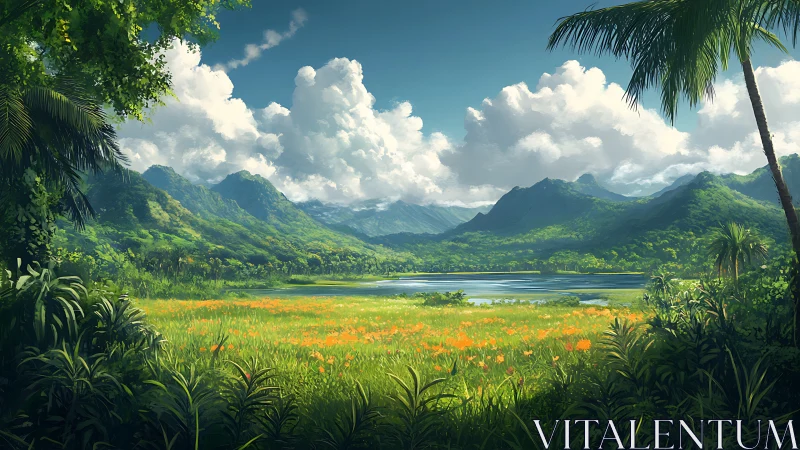 Clouds drift lazily above a sunlit tropical valley lake