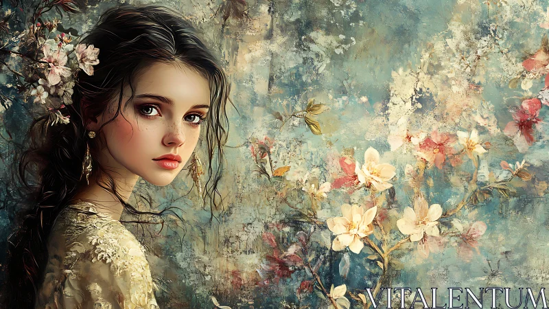 Bloom-kissed maiden gazes through a dream-tinted garden haze.