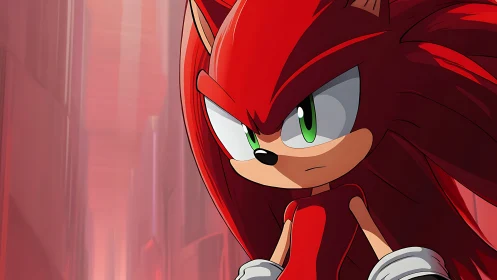 Red echidna character close-up with stylized city backdrop