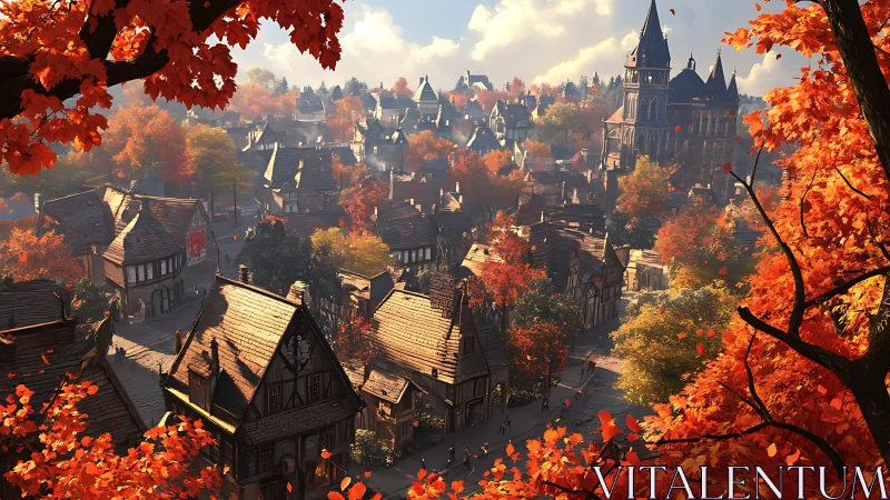 Medieval village skyline framed by luminous autumn foliage.