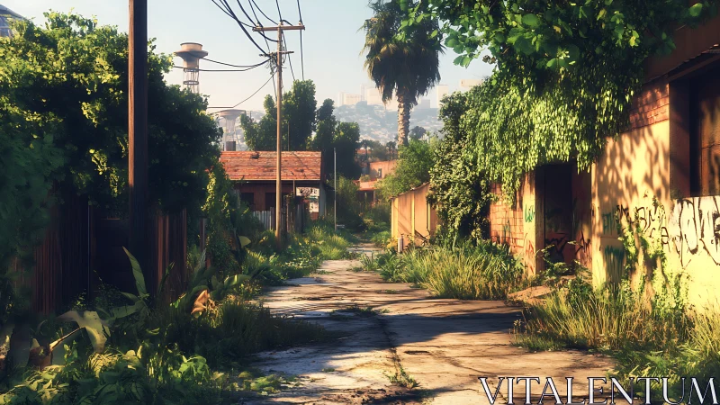 Sunlit overgrown alleyway in quiet urban outskirts.