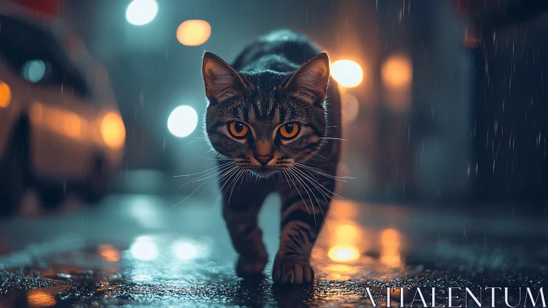 Tabby Feline with Luminous Eyes Navigating Nocturnal Urban Precipitation.