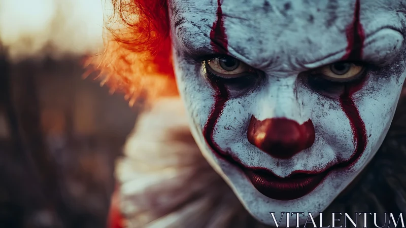 Sinister clown portrait with intense stare and red makeup