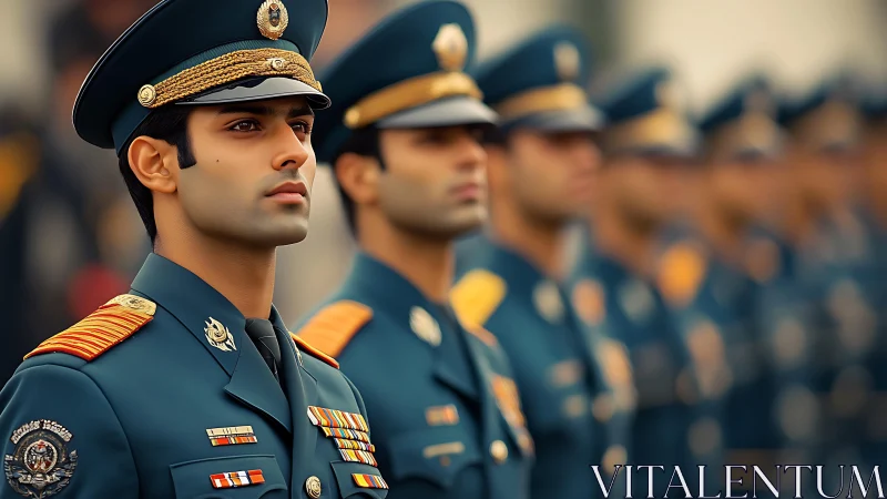 Proud young officer standing tall in a solemn military parade.