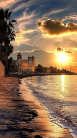 Photorealistic coastal promenade at golden hour sunset scene.