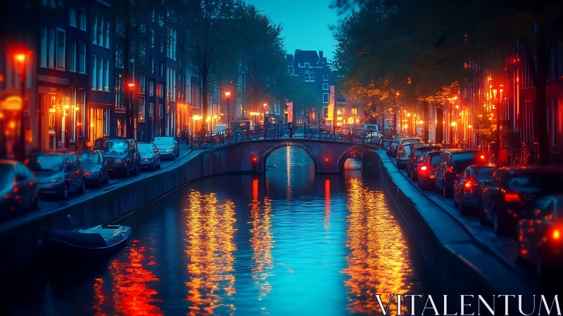 Canal bridge at blue hour wrapped in golden city lights.