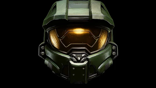 Bold sci fi combat helmet glows softly against deep black