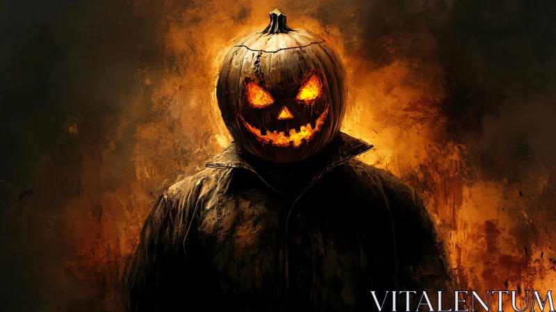 Infernal pumpkin-headed specter rises in blazing shadows.
