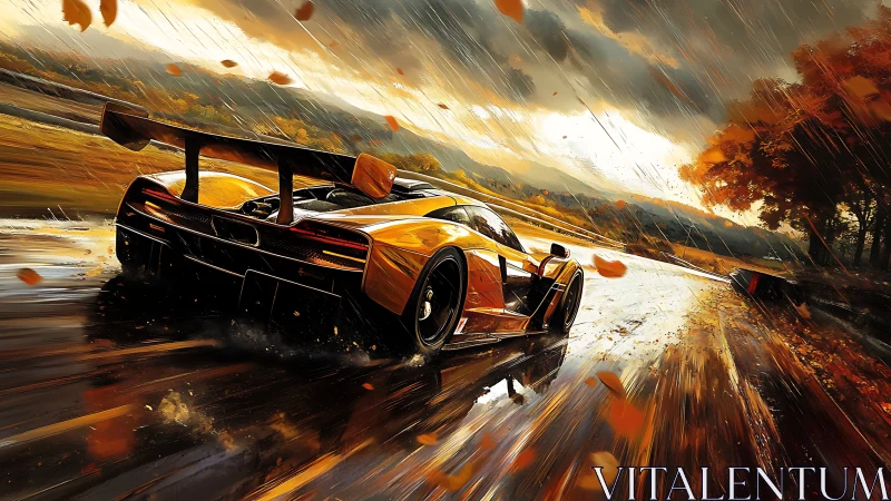 Supercar races through a stormy autumn track in vivid motion