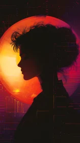 Silhouetted profile intersects glowing neon sun in cyber grid