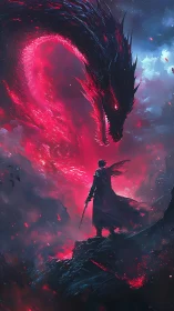 Blazing dragon coils above a lone hero on a stormy cliff