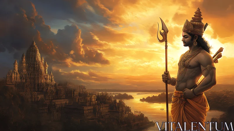 Golden sunset honors serene warrior beside ancient riverside temples