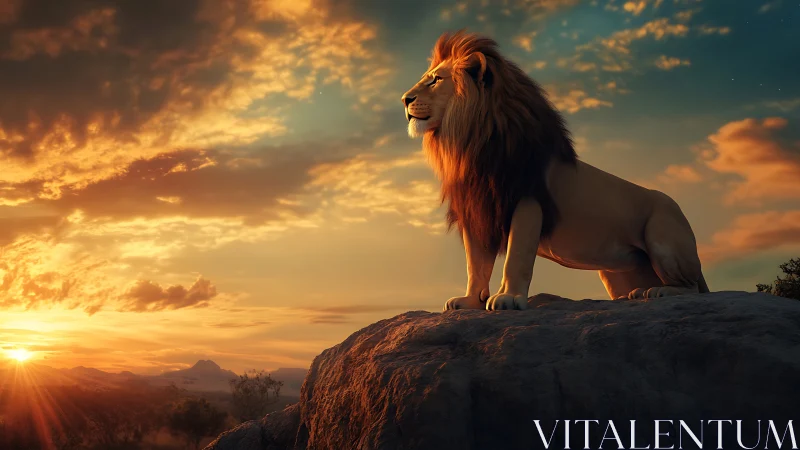 Golden-maned lion greets a glowing savanna sunrise calmly