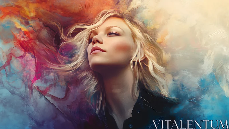 Dreamlike blonde portrait bathed in swirling abstract color.