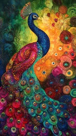 Radiant peacock poised in a swirl of joyful rainbow colors.