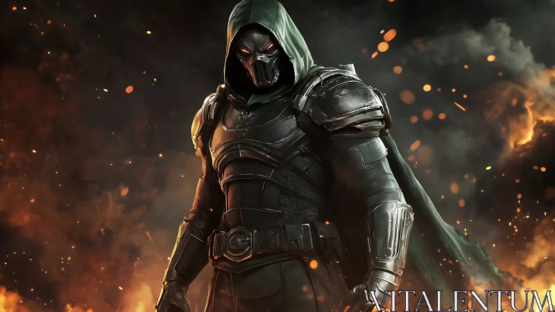 Armored hooded warrior stands in flaming battlefield smoke