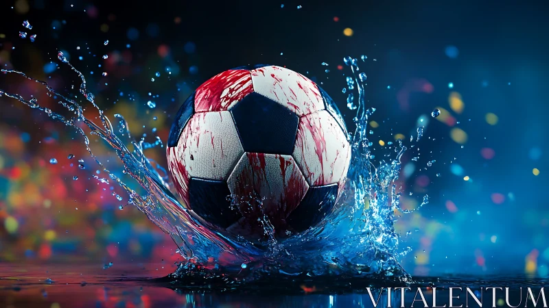 Colorful soccer ball splashes into water in a vibrant arena