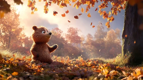 Playful cartoon bear enjoys a golden autumn forest afternoon