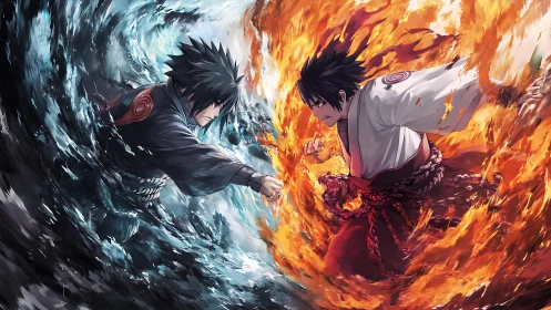 Elemental duel between mirrored warriors in fire and water clash.