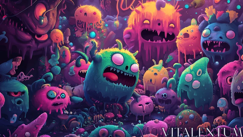 Neon slime monsters crowd glowing candy-colored cavern.