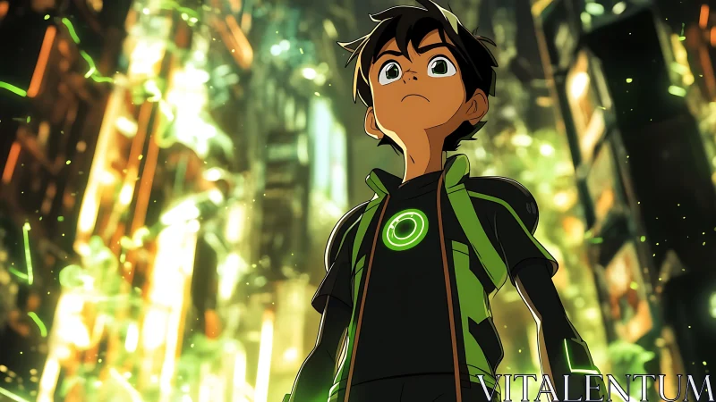Boy in green suit standing in illuminated urban corridor.